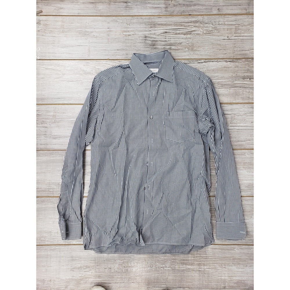 Ermenegildo Zegna Mens Gingham Check Cotton Button Down Shirt Navy Blue White L